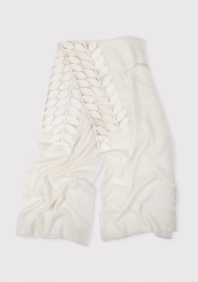Ivory Cashmere Scarf with Ivory Suede Leather Leaf Applique Center Patch