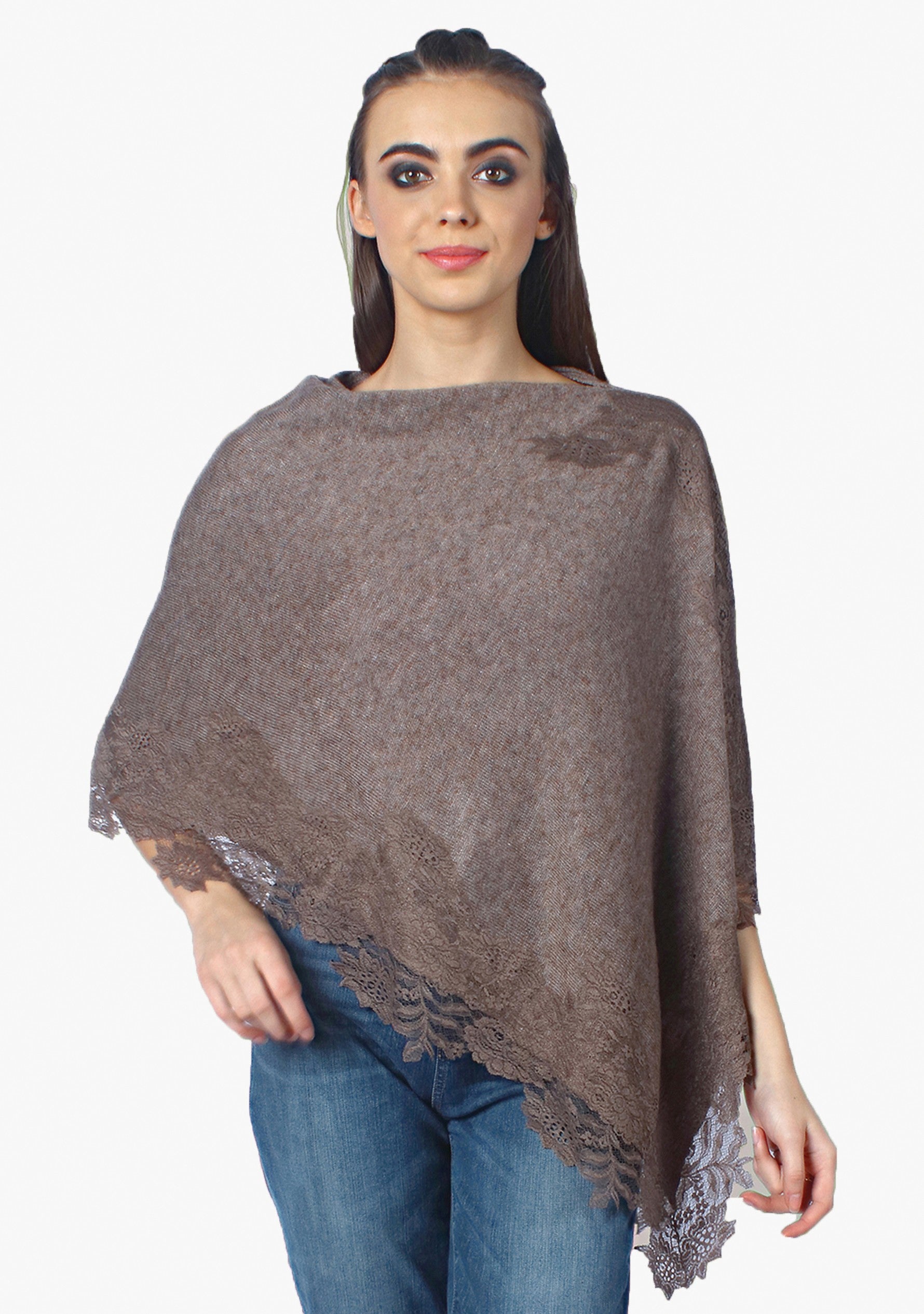 Petite Taupe Melange Knitted Wool Poncho with Taupe Floral Lace