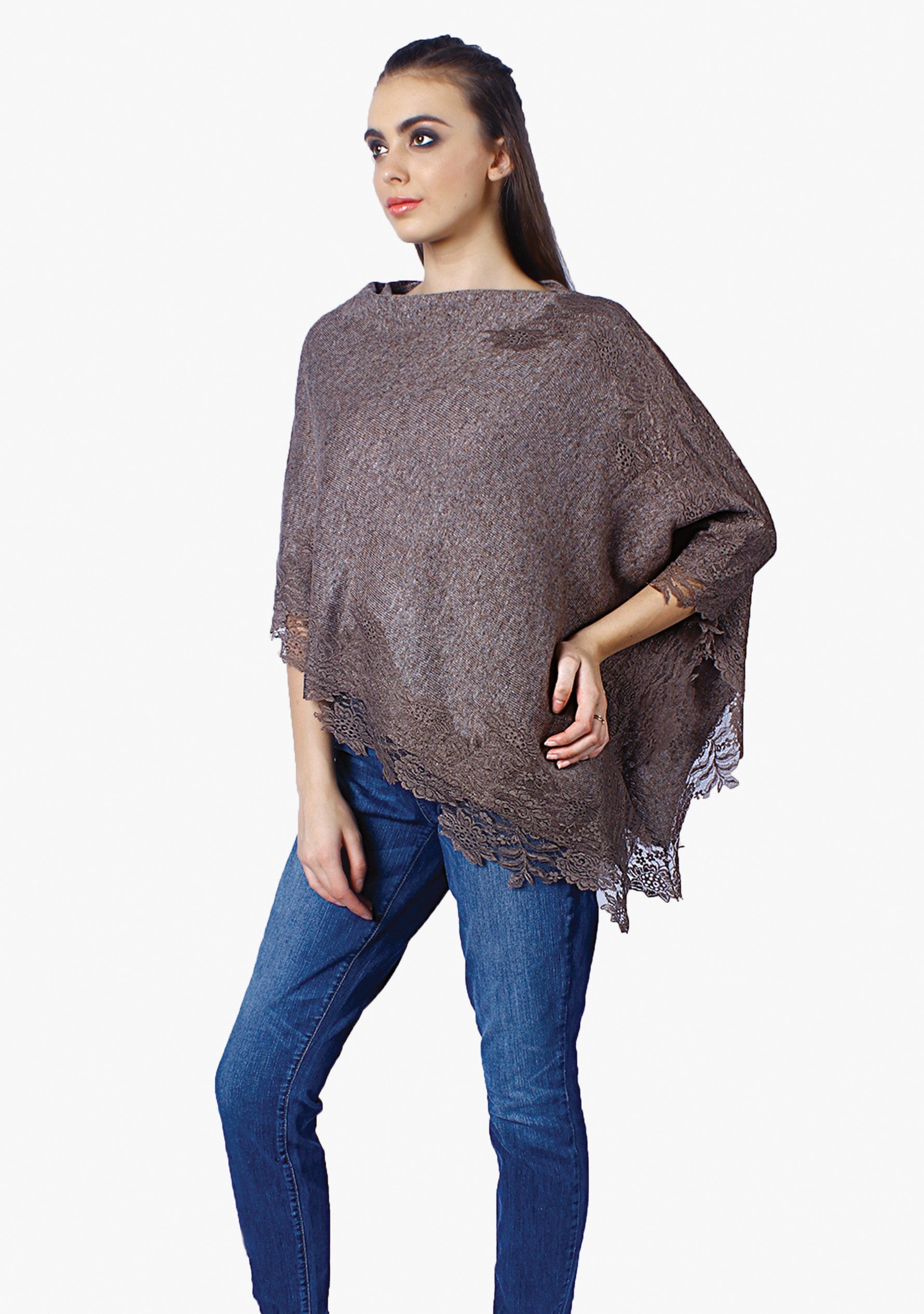 Petite Taupe Melange Knitted Wool Poncho with Taupe Floral Lace