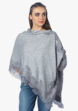 Petite Grey M̩lange Knitted Wool Poncho with Grey Floral Lace
