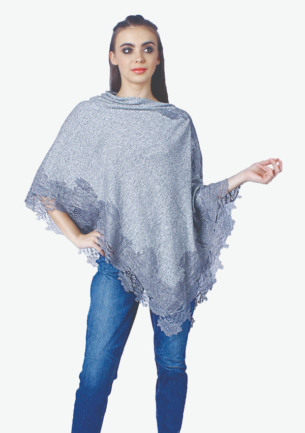 Petite Grey M̩lange Knitted Wool Poncho with Grey Floral Lace