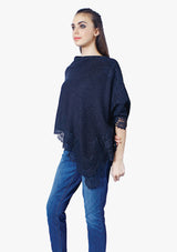 Petite Charcoal M̩lange Knitted Wool Poncho with Charcoal Floral Lace