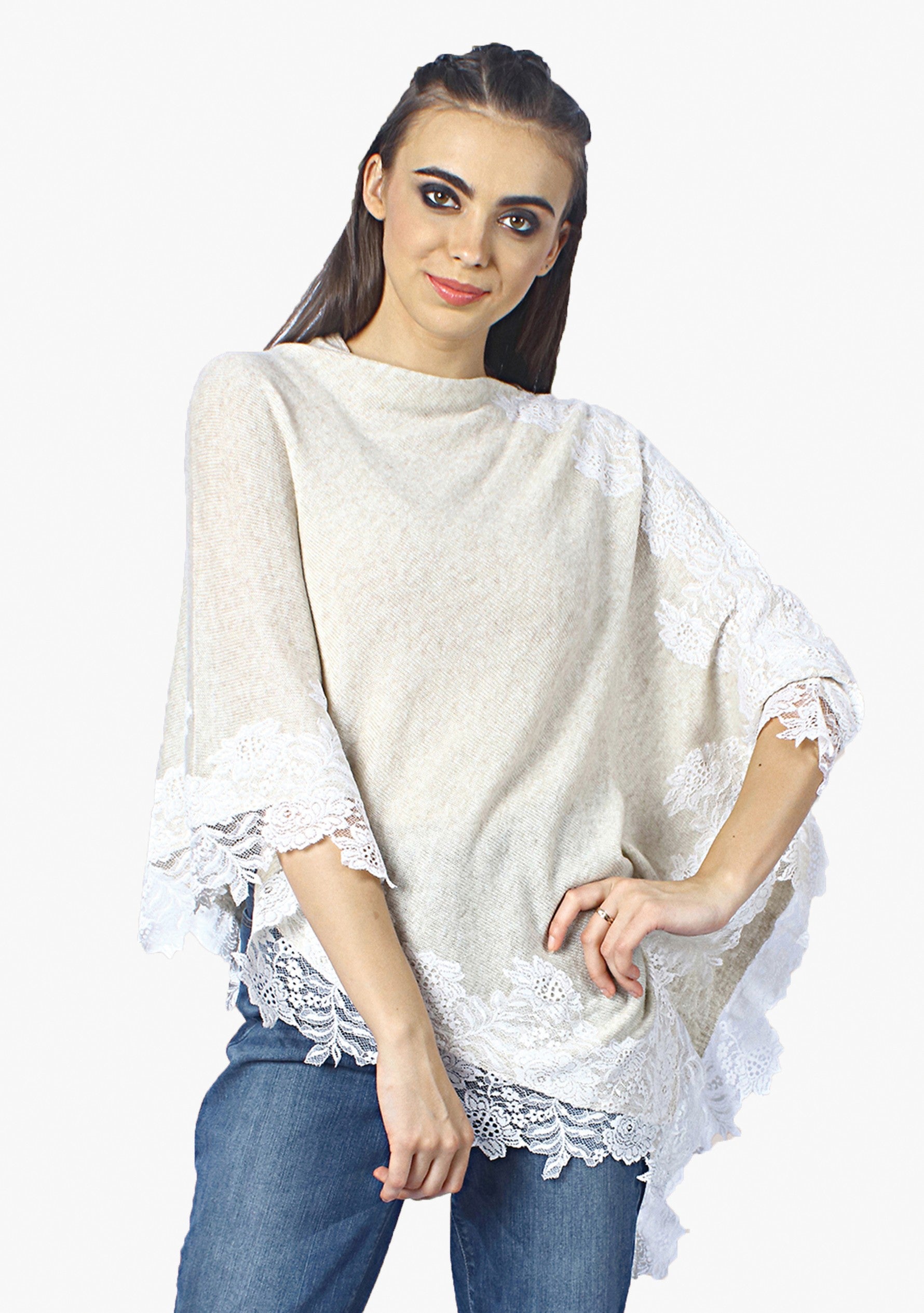 Petite Oatmeal M̩elange Knitted Wool Poncho with Oatmeal Floral Lace