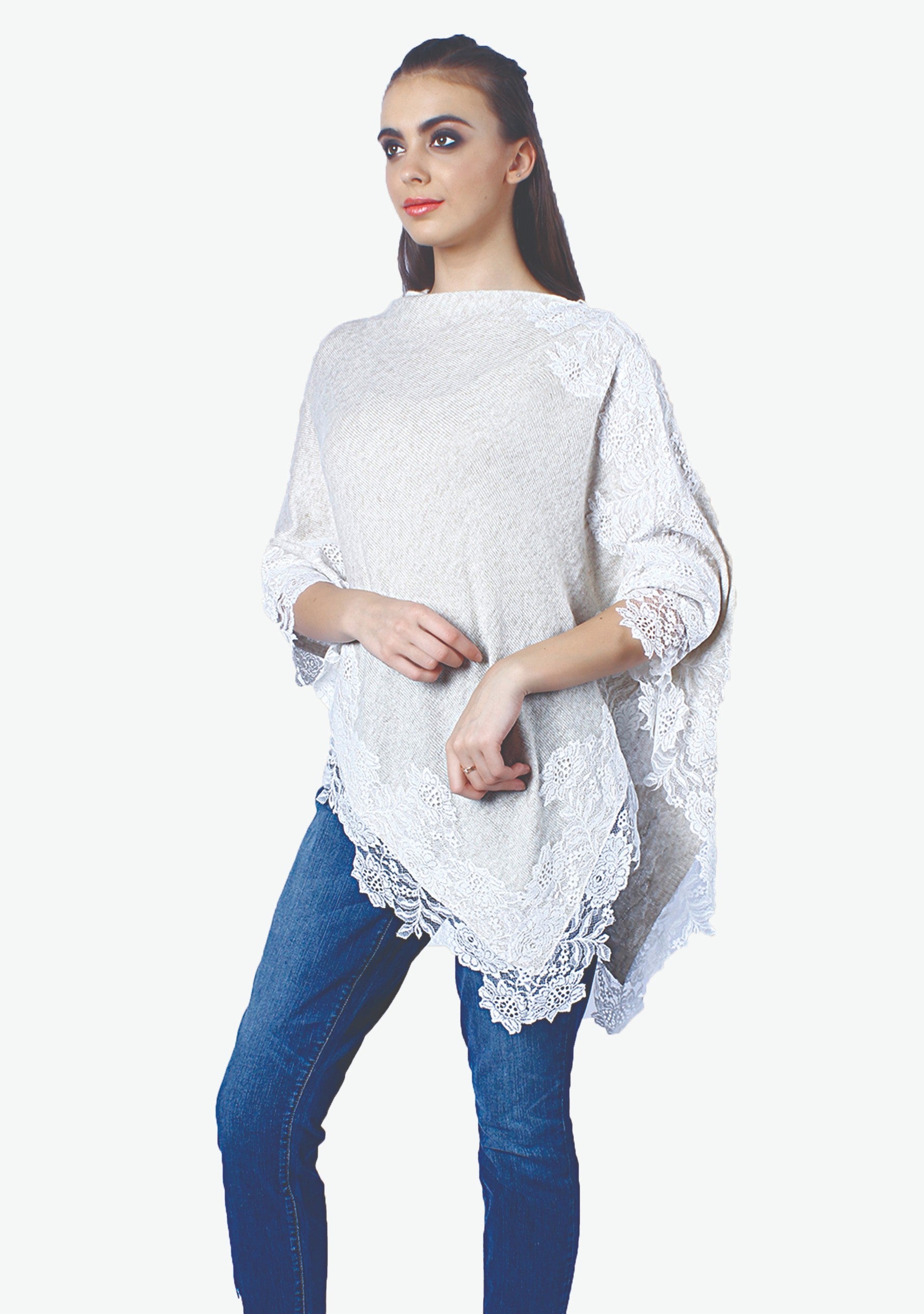 Petite Oatmeal M̩elange Knitted Wool Poncho with Oatmeal Floral Lace