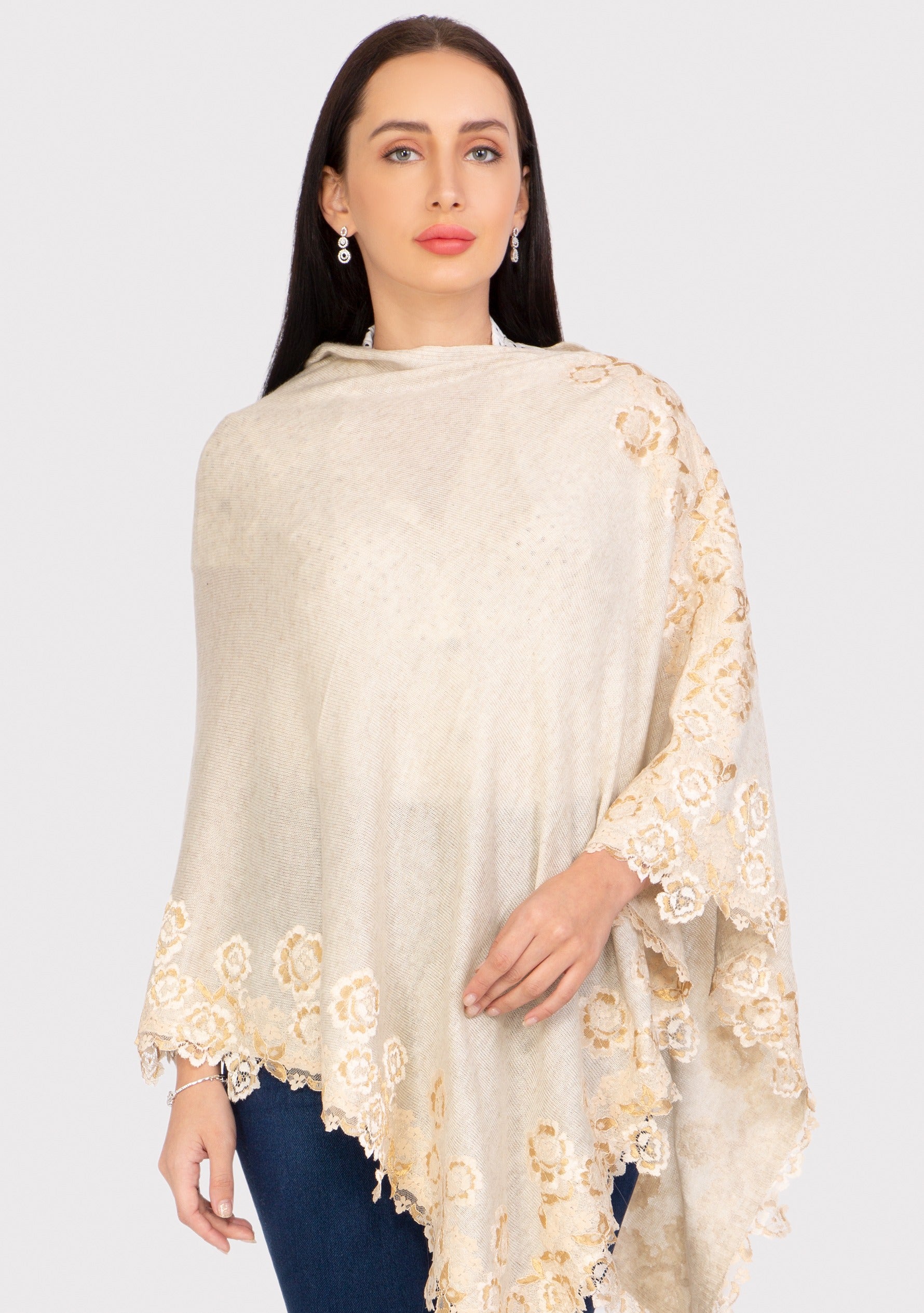 Petite Oatmeal Melange Wool PonchoIvory-Gold Lace