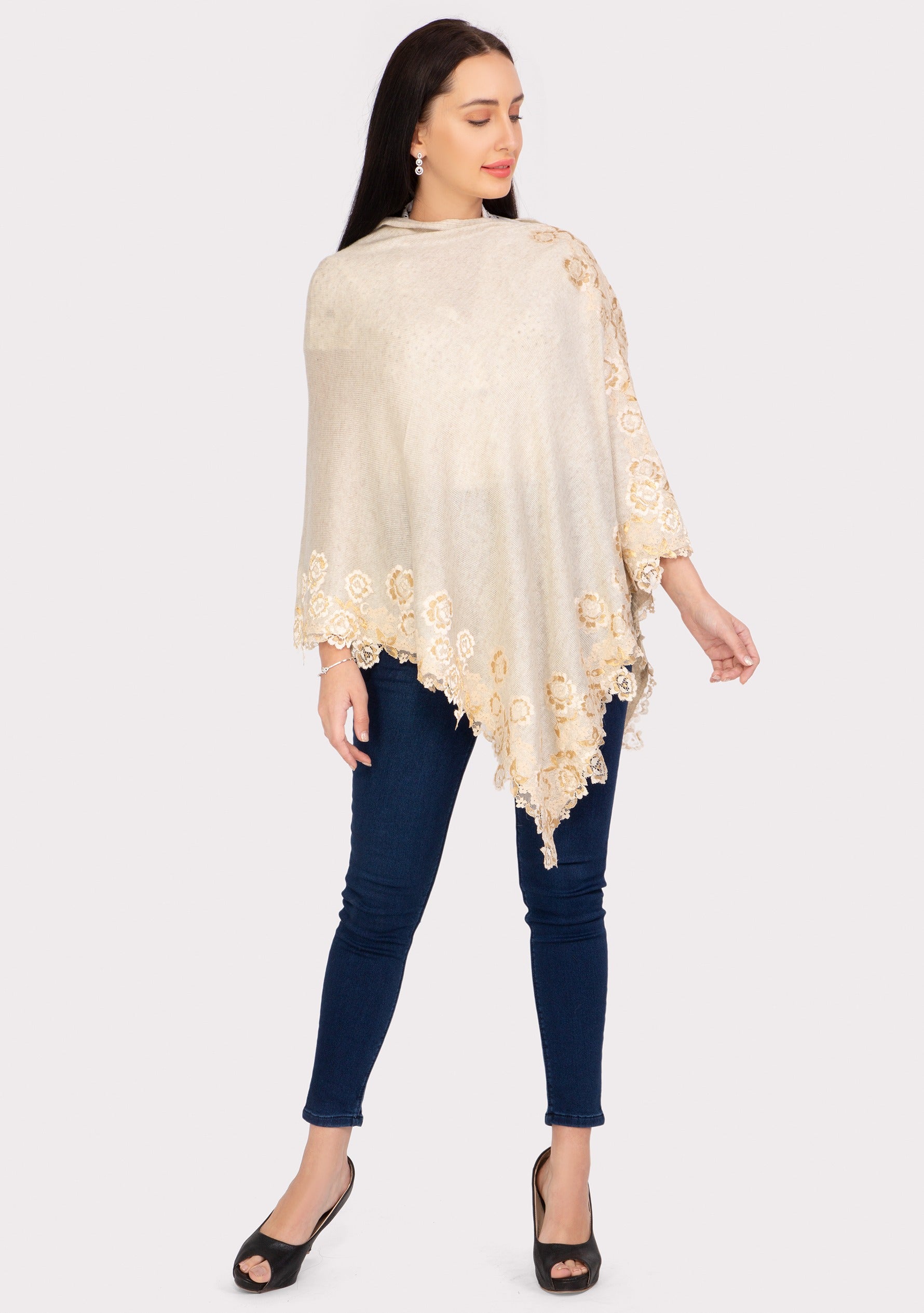 Petite Oatmeal Melange Wool PonchoIvory-Gold Lace