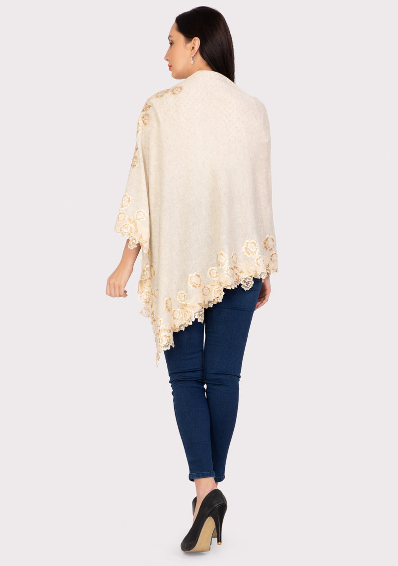 Petite Oatmeal Mélange Knitted Wool Poncho with Ivory - Gold Chantilly Lace