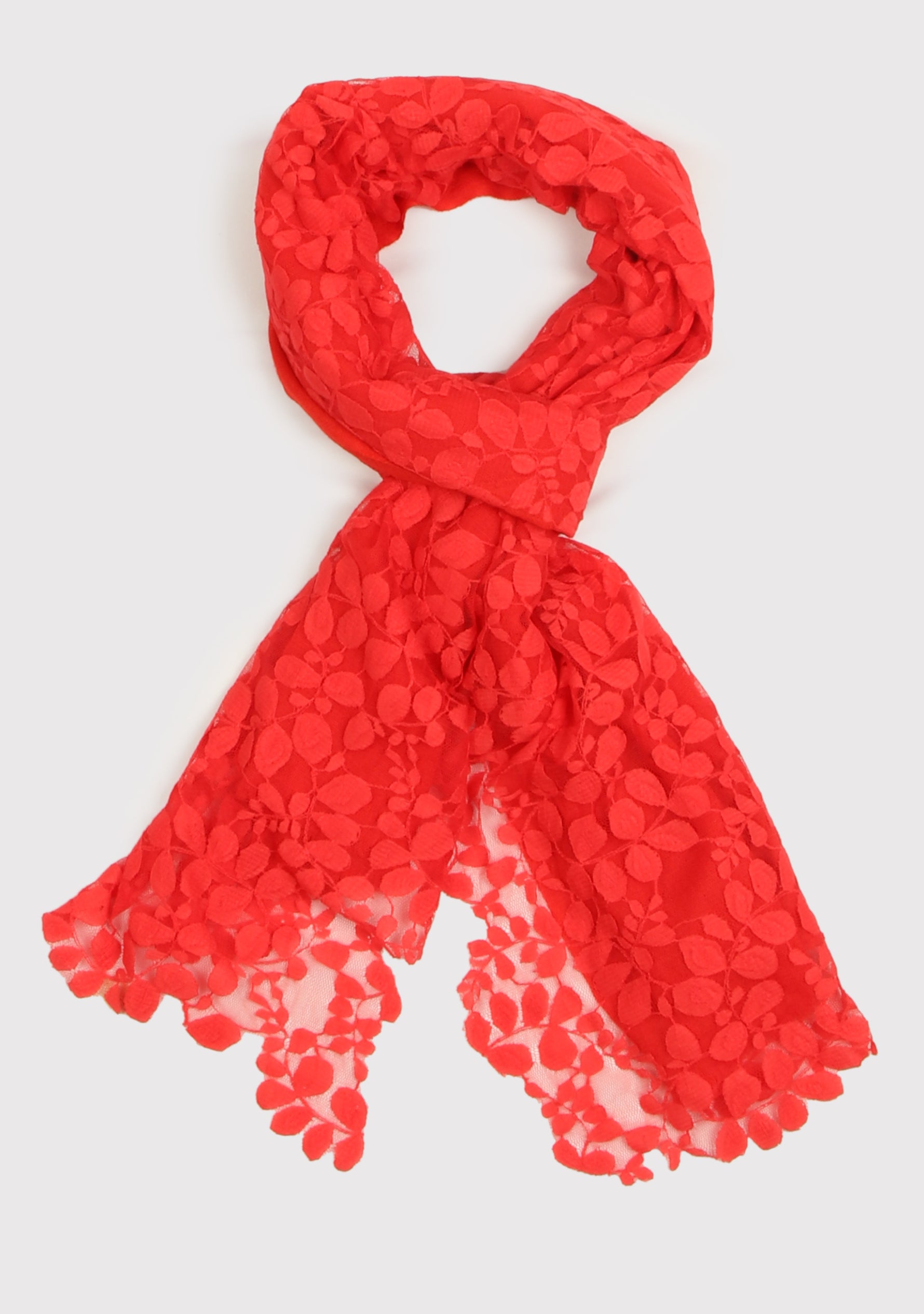 Tomato Red Wool and Silk Scarf with Tomato Red Bold Leaf Lace