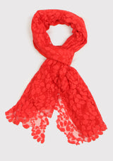 Tomato Red Wool and Silk Scarf with Tomato Red Bold Leaf Lace