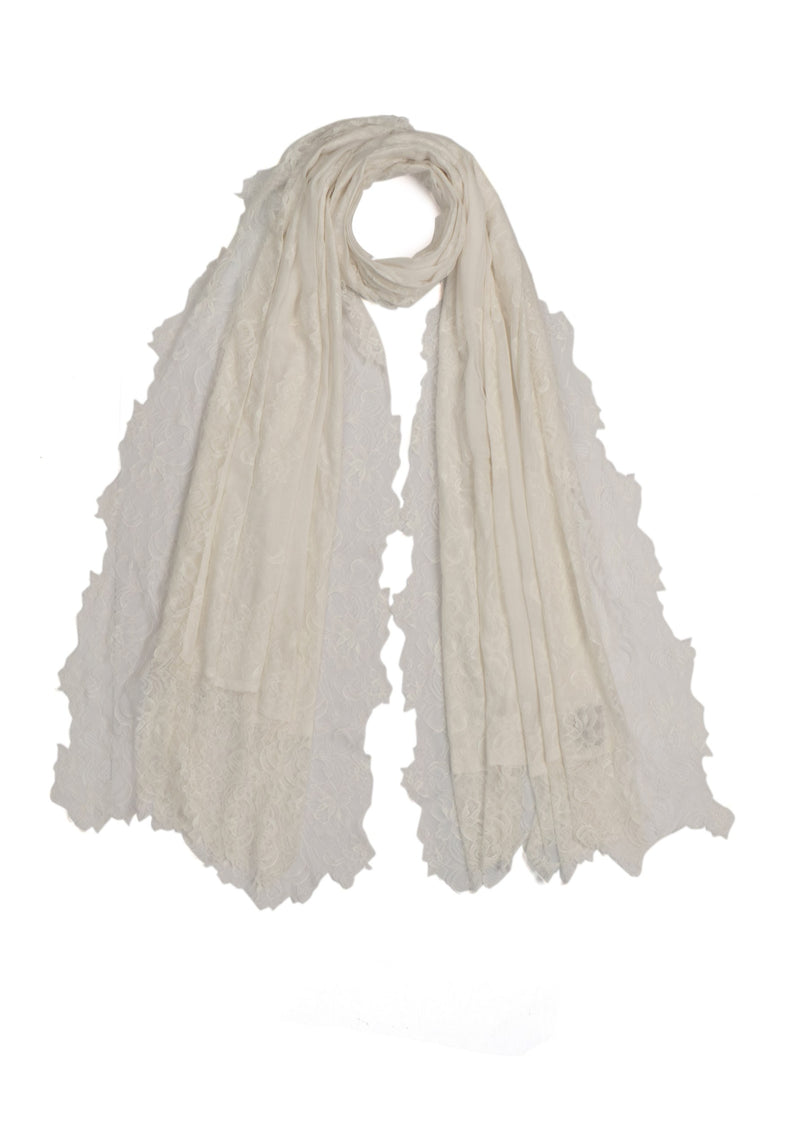 Bright Ivory Modal Scarf with a Bright Ivory Vintage Lace Application and Border