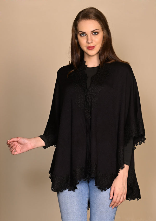 Black Knitted Fine Wool Cape with a Black Floral Lace Border