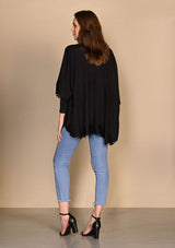 Black Knitted Fine Wool Cape with a Black Floral Lace Border