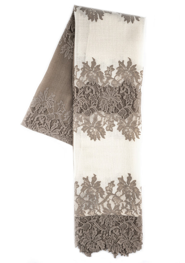 Ivory and Taupe Cashmere Scarf with Natural Hibiscus Lace Panels
