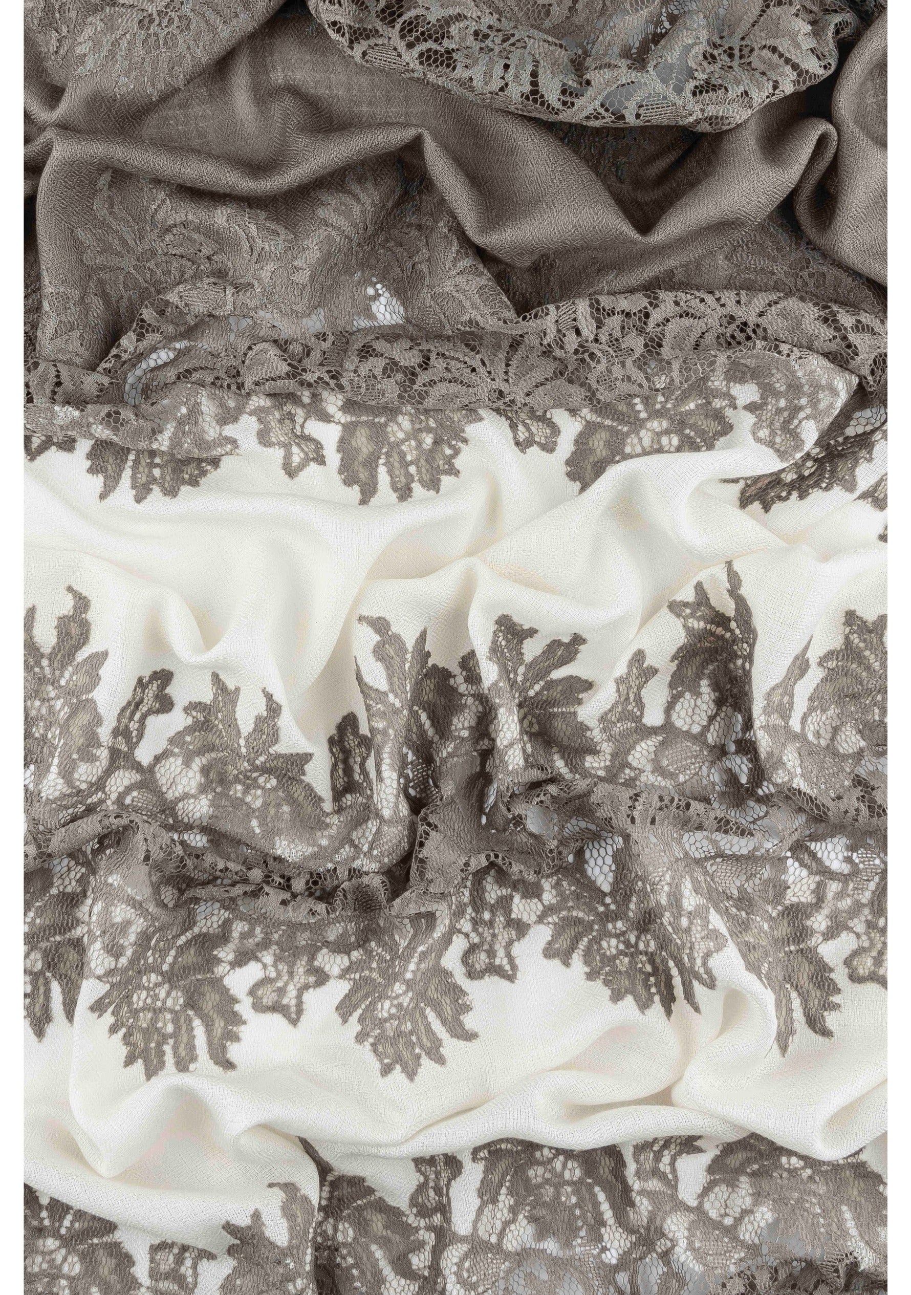 Ivory and Taupe Cashmere Scarf with Natural Hibiscus Lace Panels