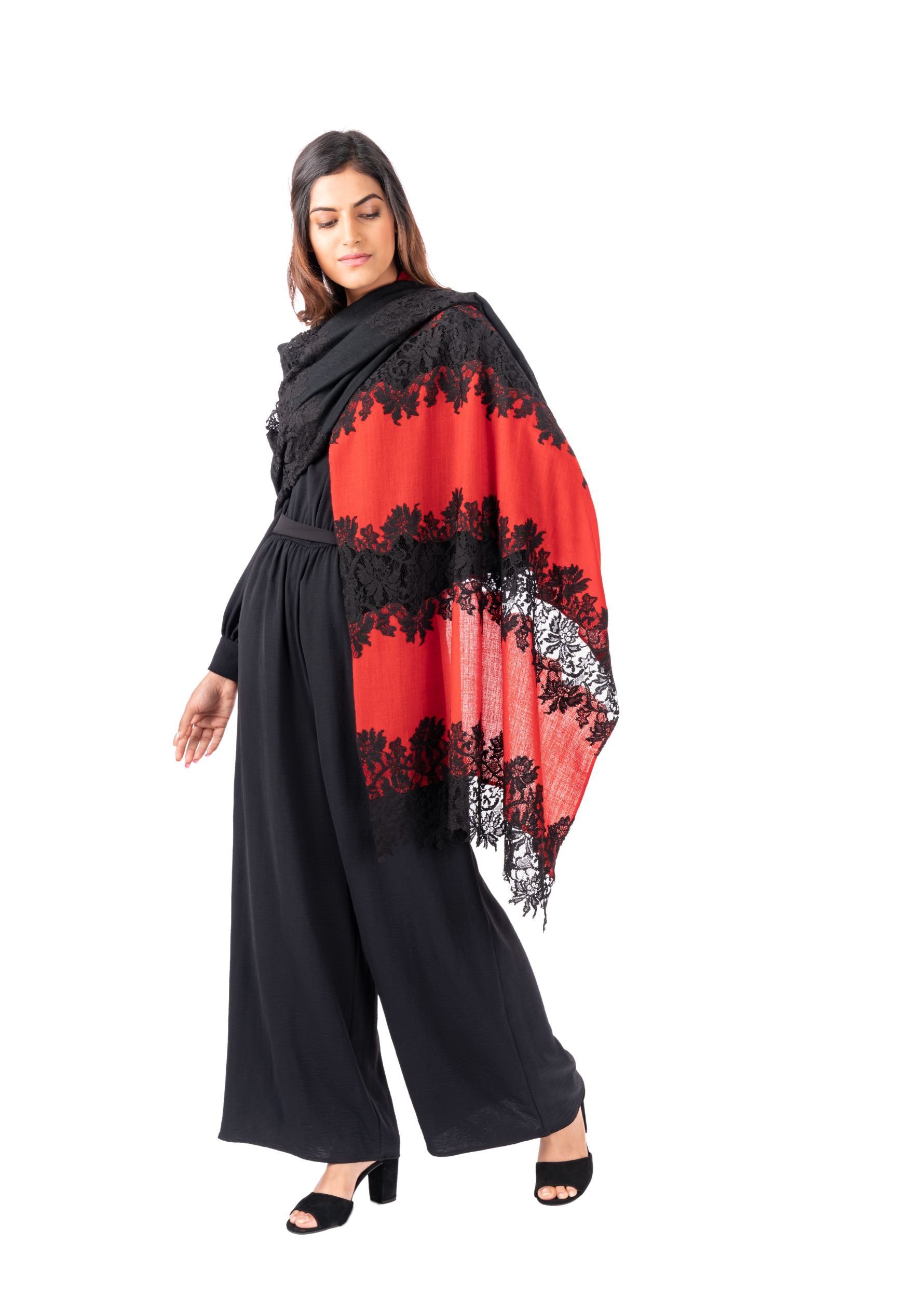 Red and Black Cashmere Scarf with Black Hibiscus Lace Panels