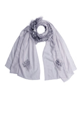 Lt. Grey Cashmere Scarf with a Violet Feather and Violet Satin Leaf Collar and Appliques