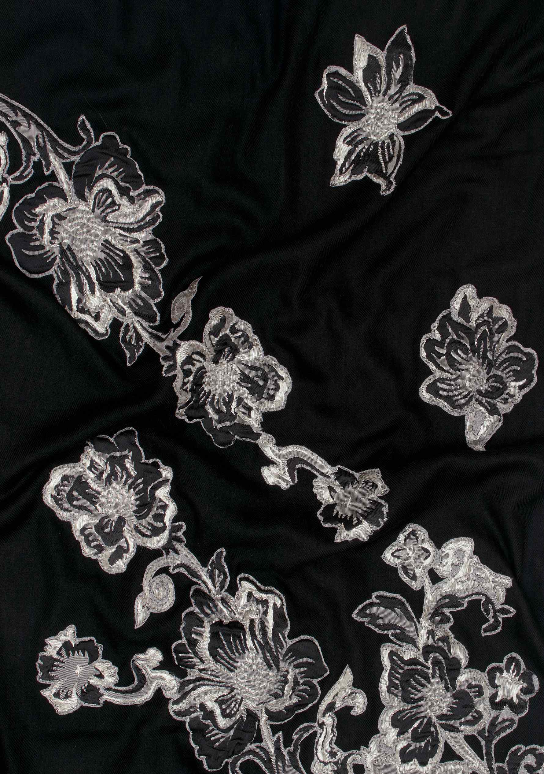 Black cashmere scarf with black and silver appliques
